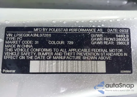 2022 Polestar 2 Long Range Single Motor z USA, uszkodzony, nr VIN LPSEG3KA3NL072611